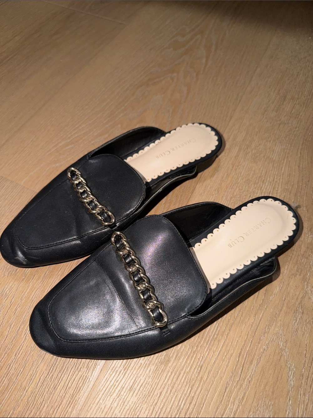 Chain-Trim Black Leather Womenโs Slide Mules -